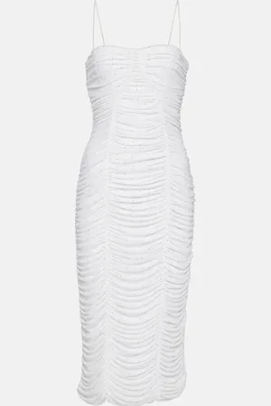 ROTATE Ruched mesh midi dress