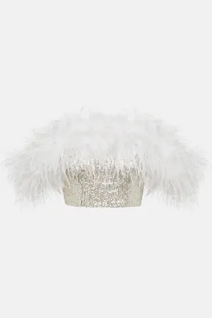 Self-Portrait Sequined feather-trimmed crop top