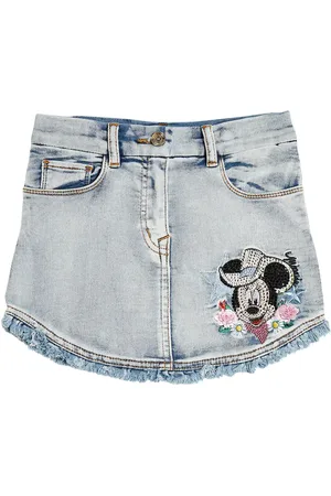 MONNALISA Embroidered frayed denim skirt