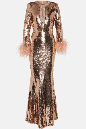 Self-Portrait Sequined feather-trimmed gown