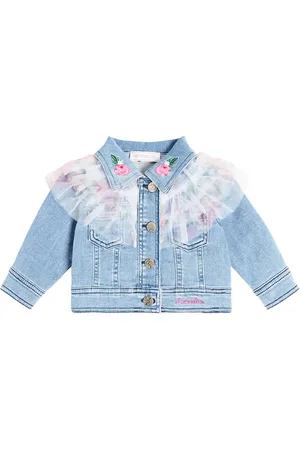 MONNALISA Baby embroidered ruffled tulle denim jacket