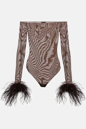Oseree OsÃ©ree Feather-trimmed mesh bodysuit