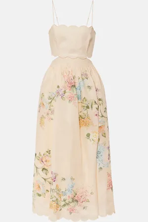 ZIMMERMANN Halliday scalloped floral linen midi dress