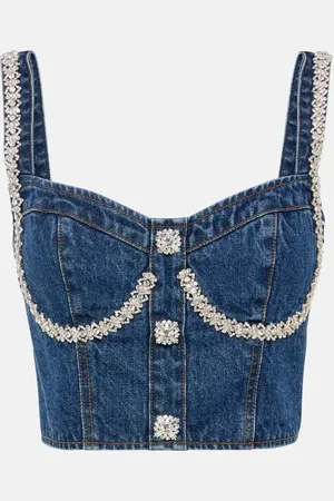 Self-Portrait Embellished denim crop top