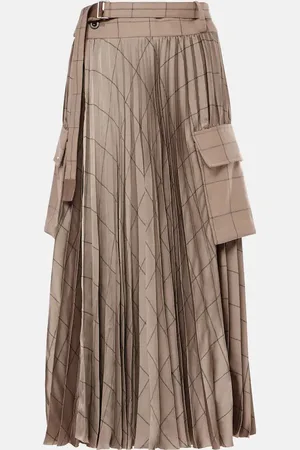 SACAI Checked pleated wool-paneled midi skirt