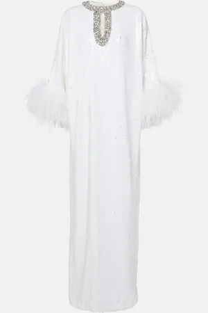 Self-Portrait Feather-trimmed embellished maxi dress
