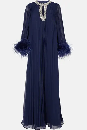 Self-Portrait PlissÃ© feather-trimmed chiffon maxi dress