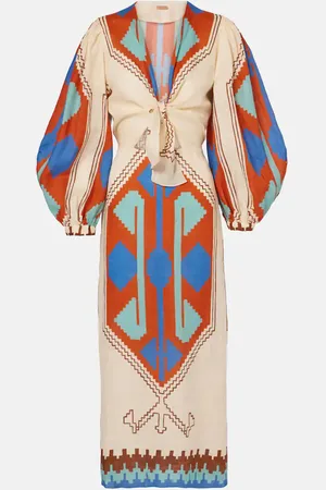 JOHANNA ORTIZ Printed tie-detail linen midi dress