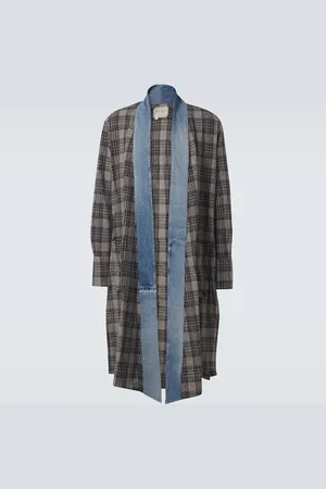 GREG LAUREN Plaid denim-trimmed cotton coat