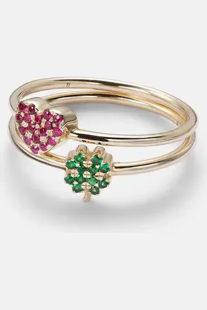 Roxanne First Clover and Heart 14kt gold ring set with tsavorite and sapphire