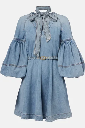 ZIMMERMANN Tie-neck puff-sleeve denim minidress
