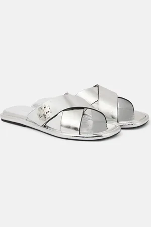 Tory Burch T Lock metallic leather slides