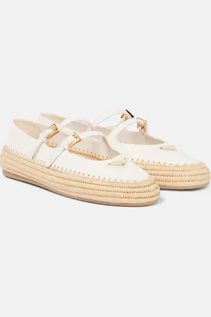 Prada Leather and raffia Mary Jane flats