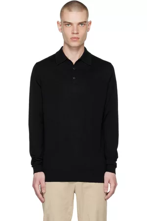 Sunspel Men Polo Shirts - Black Fine Merino Wool Polo