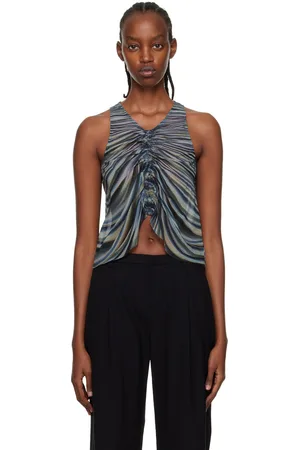 DION LEE Blue Shirred Drape Tank Top