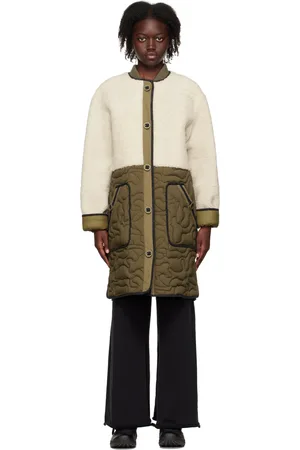 YVES SALOMON Green & Off-White Paneled Shearling Long Coat