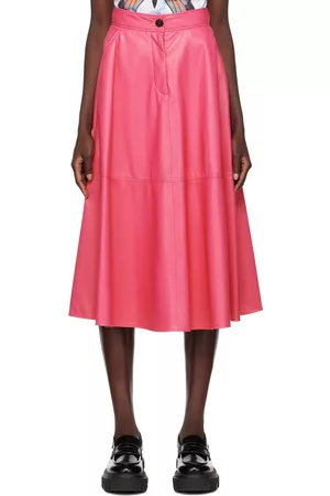 Msgm Women Leather Skirts - Pink Faux-Leather Midi Skirt