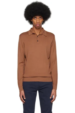 Sunspel Brown Three-Button Long Sleeve Polo
