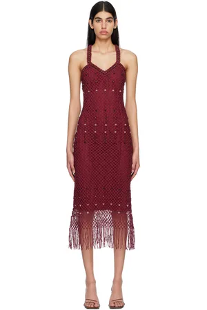 WALES BONNER Burgundy Java Macrame Midi Dress