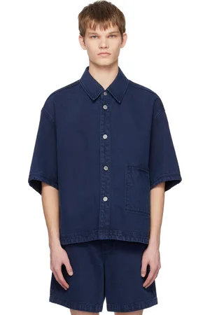 Solid Men Denim - Navy Cropped Denim Shirt
