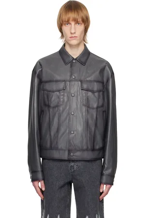 SYSTEM Gray Spread Collar Faux-Leather Jacket