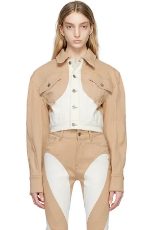 MUGLER SSENSE Exclusive Beige & White Cropped Denim Jacket