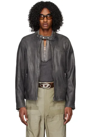 Diesel Men Leather Jackets - Gray L-Metal-Treat Leather Jacket