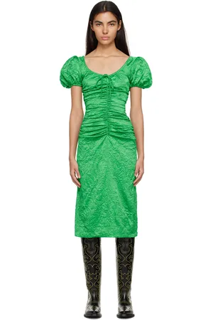 Ganni Green Crinkled Midi Dress