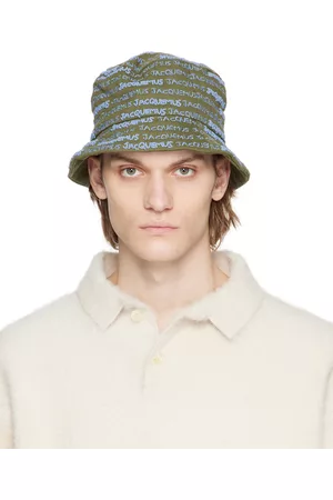 Jacquemus Men Hats - Khaki & Blue Le Raphia 'Le Bob Bordado' Bucket Hat