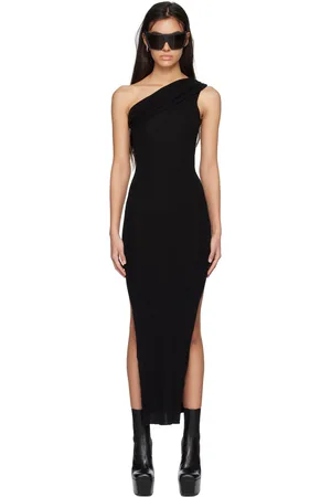 Rick Owens Women Midi Dresses - Black Ribbed One Shoulder Midi Dress