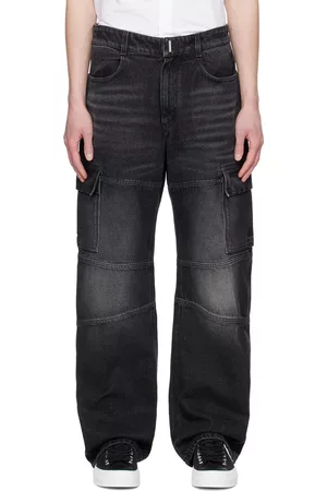 Givenchy Men Cargo Pants - Black Embroidered Denim Cargo Pants