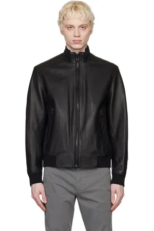 HUGO BOSS Men Leather Jackets - Black Bomber-Style Leather Jacket