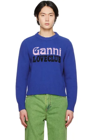 Ganni Men Jumpers - Blue Jacquard Sweater