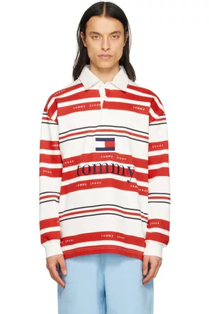 Tommy Hilfiger Men Long Sleeve - Red & White Striped Rugby Long Sleeve Polo