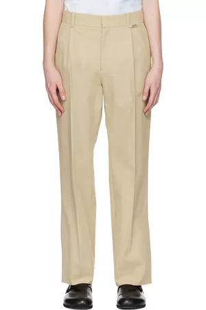 Solid Men Pants - Beige Button Trousers