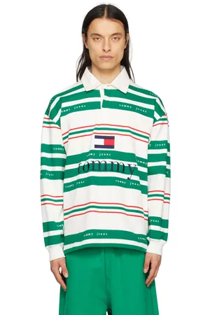Tommy Hilfiger Men Long Sleeve - Green & White Striped Rugby Long Sleeve Polo