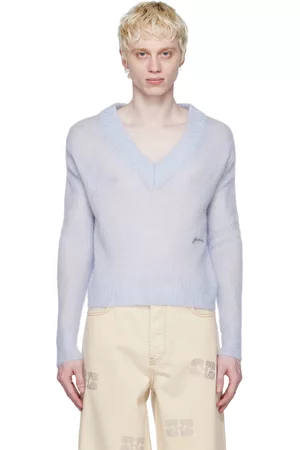 Ganni Men Jumpers - Blue Embroidered Sweater