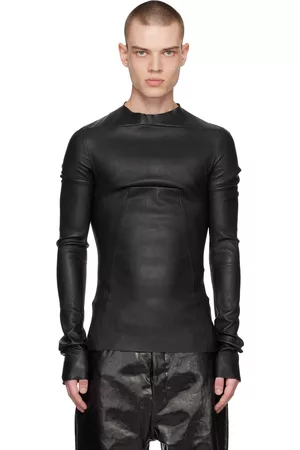 Rick Owens Men Long Sleeve - Black Paneled Leather Long Sleeve T-Shirt