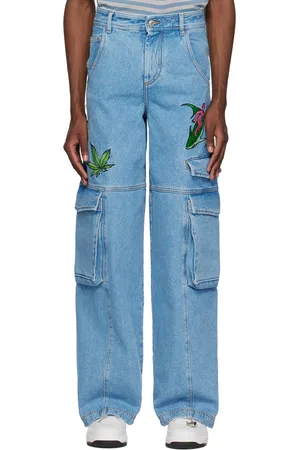 GCDS Blue Embroidered Denim Cargo Pants