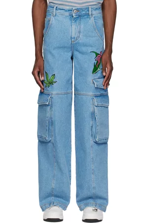 GCDS Men Cargo Pants - Blue Embroidered Denim Cargo Pants