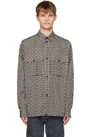 Balmain Men Shirts - Black & Beige Monogram Shirt