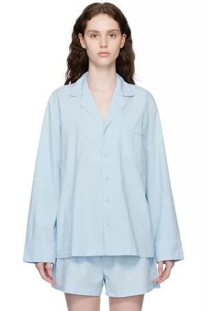 SKIMS Women Nightdresses & Shirts - Blue Poplin Sleep Cotton Button Up Shirt