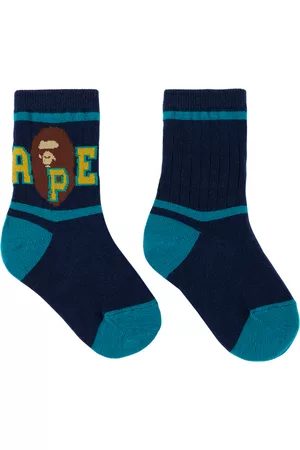 BAPE Socks - Kids Navy Striped Ape Head Socks