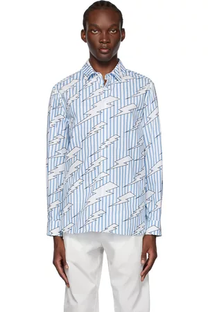 Neil Barrett Men Shirts - Blue & White Striped Raining Bolts Shirt