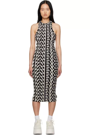 Marc Jacobs Women Midi Dresses - Black & Beige 'The Monogram Racer Rib Dress' Midi Dress
