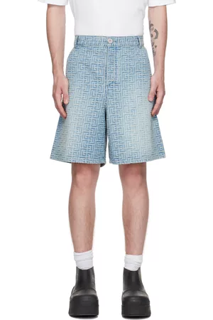 Balmain Men Shorts - Blue Monogrammed Denim Shorts