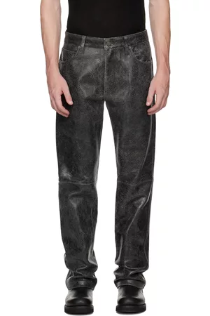 Guess Men Leather Pants - Black Cracked Leather Pants