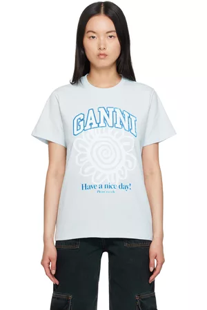 Ganni Crystal-ball Print Cotton-jersey T-shirt in Blue