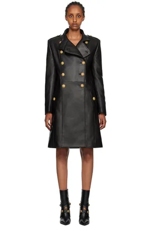 Balmain Black Double-Breasted Leather Coat