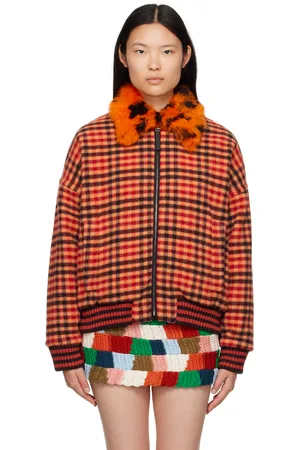 Marni Orange Check Shearling Bomber Jacket